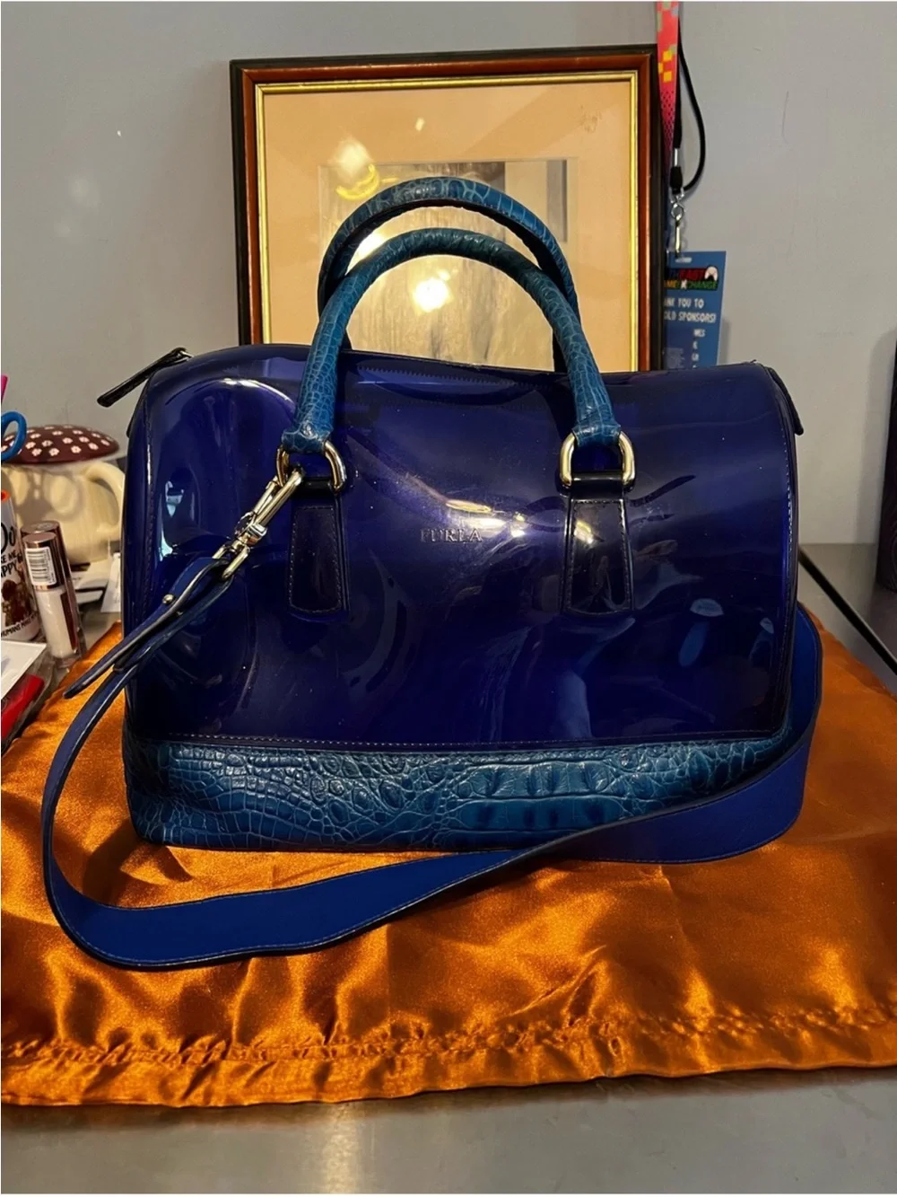 Furla Patent Dome Satchel in Deep Blue with Teal Trim